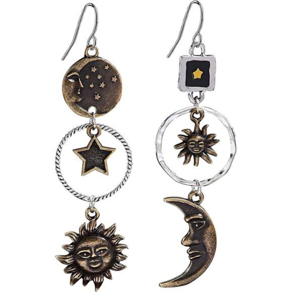 Asymmetrical Sun Moon Star Earrings | Vintage Celestial Dangle Earrings